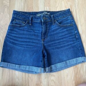 Mid rise medium wash boyfriend cuffed denim jean shorts